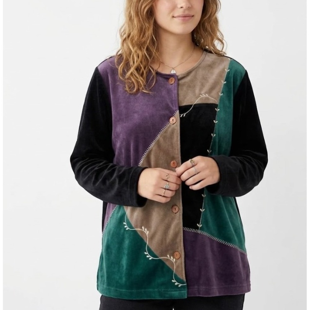 Vintage Blair Boutique Multi Color Velvet Patchwork‎ Boho Button Down Large